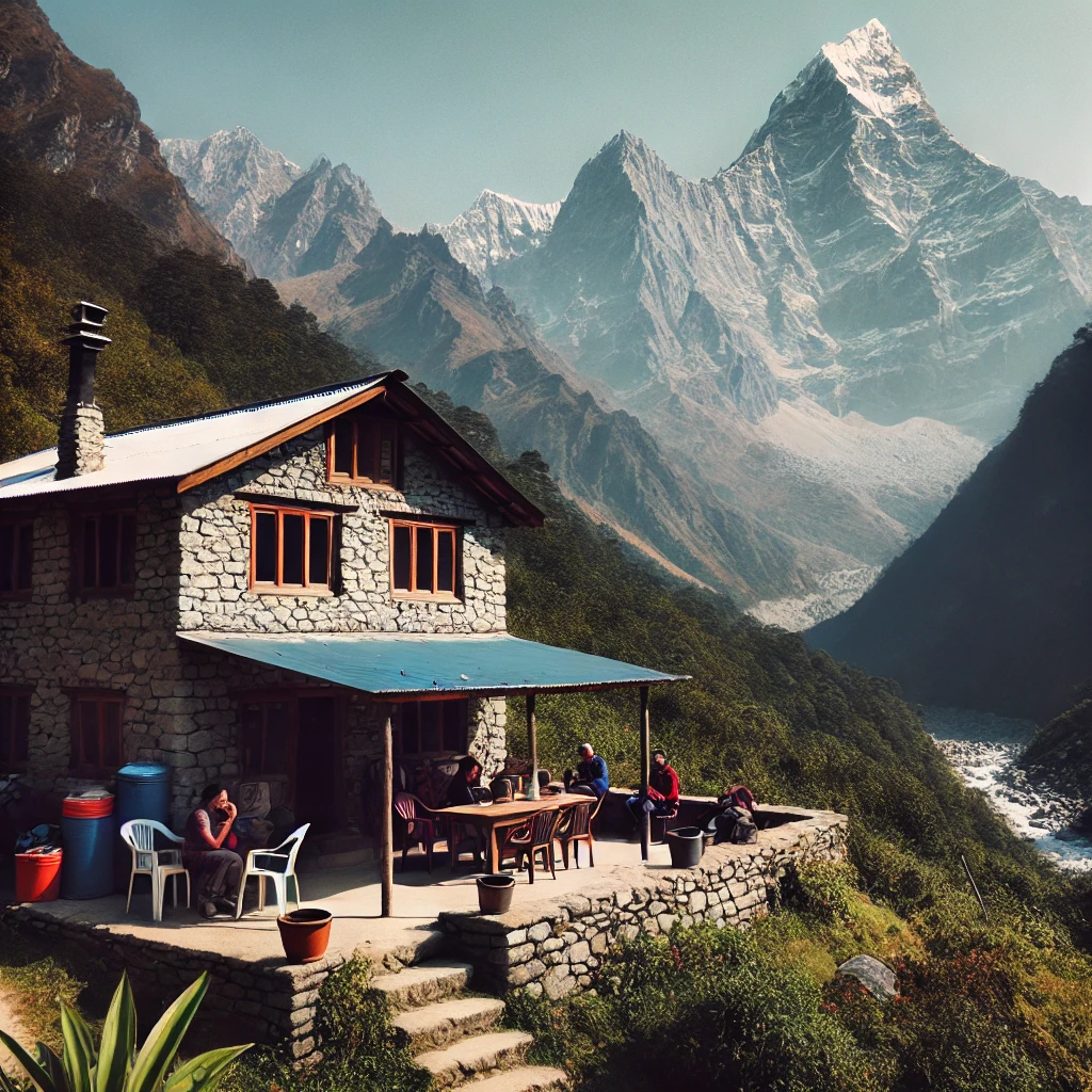 Trekkers’ lodge in the Nepalese mountains with trekkers resting.