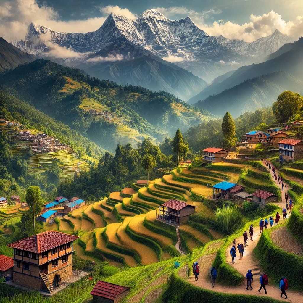 Trekkers walking through terraced fields in the Annapurna Circuit.