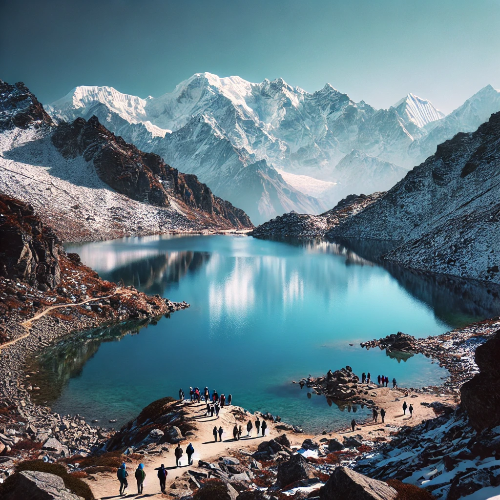 Clear blue waters of Gosaikunda Lake reflecting the Himalayan peaks.