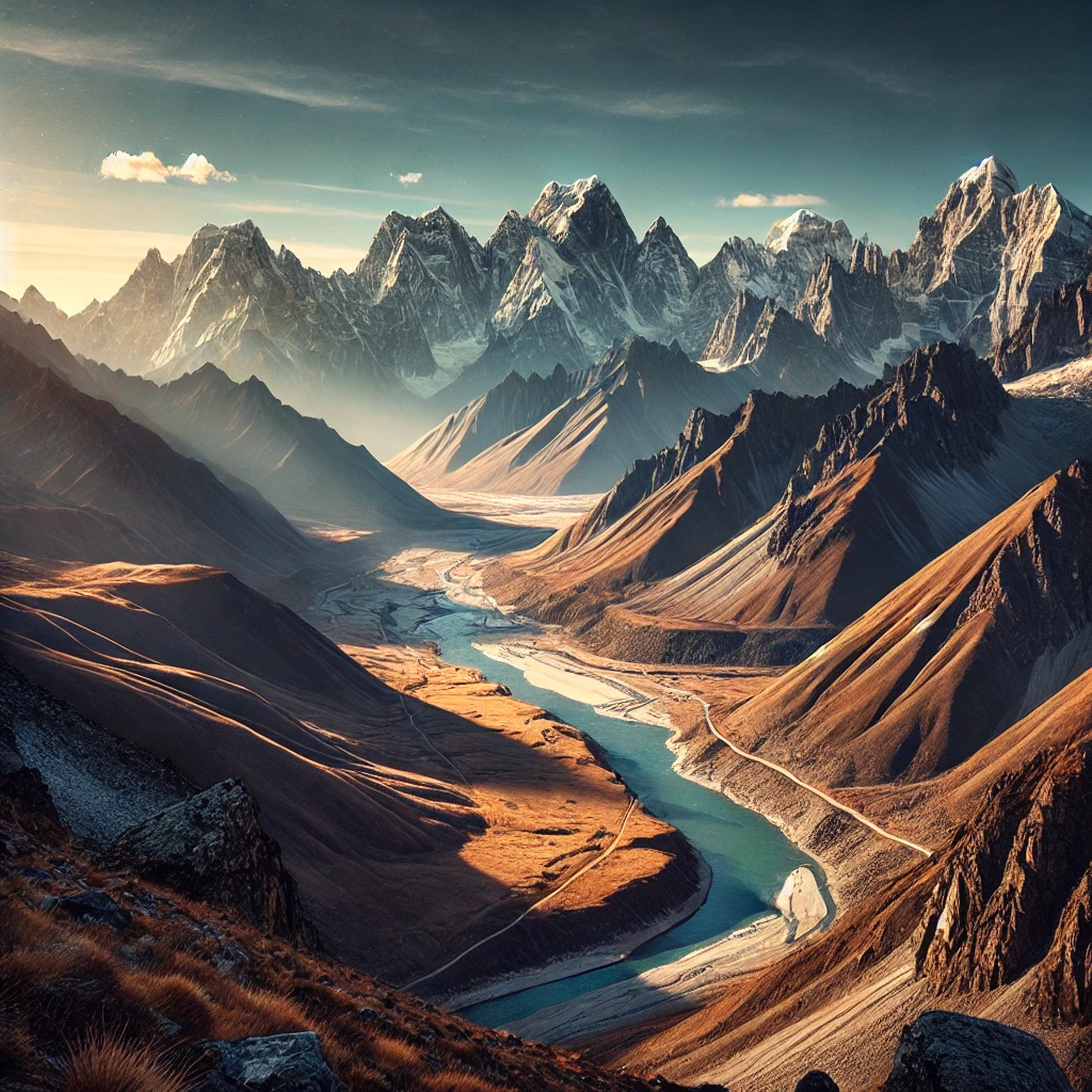 A panoramic view of the Himalayan mountains with valleys and rivers.