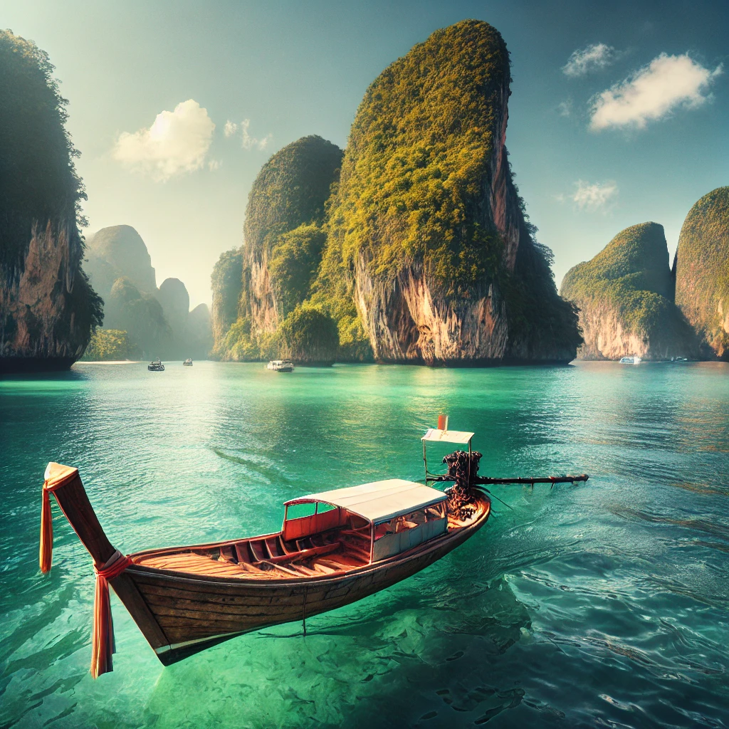 Longtail boat on Phang Nga Bay with towering limestone cliffs in the background