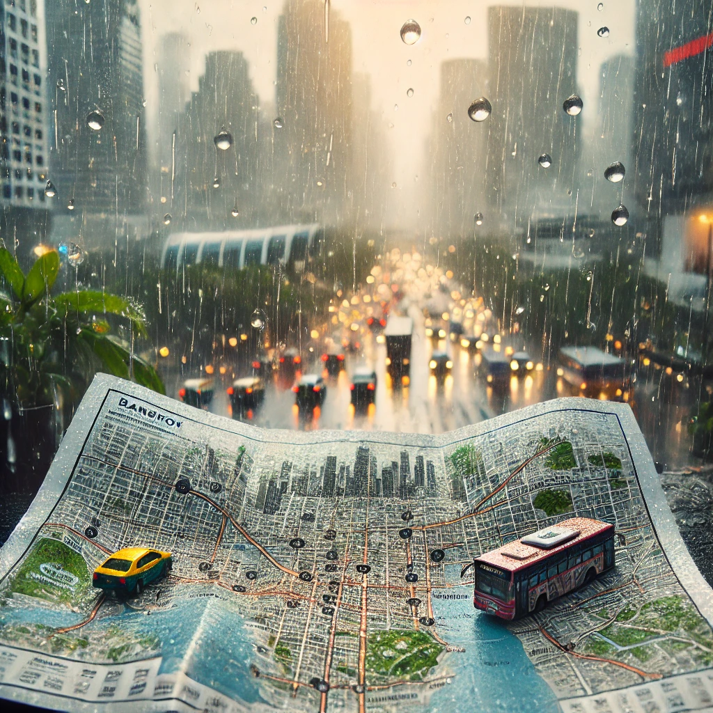 Wet city map soaked by Bangkok's tropical downpour