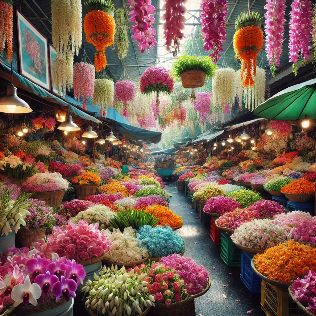 Vibrant flower market with colorful orchids in Bangkok