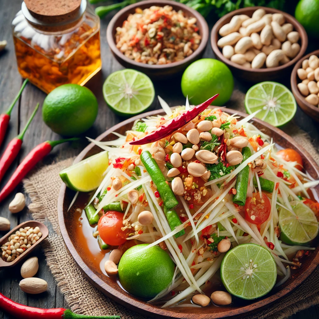 Delicious Som Tam (green papaya salad) made fresh on the streets of Thailand