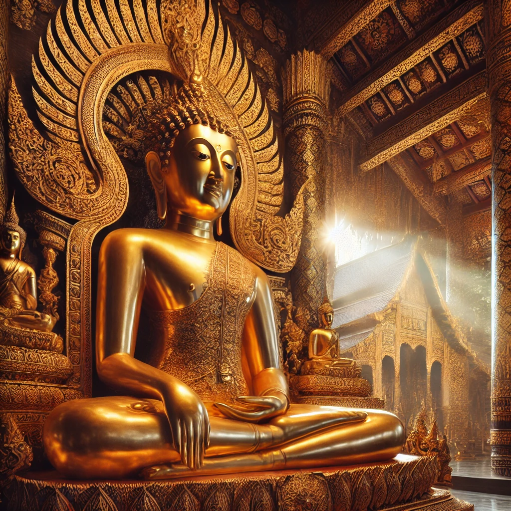 Golden Buddha statue at a Thai temple in Chiang Mai, glowing under the sunlight