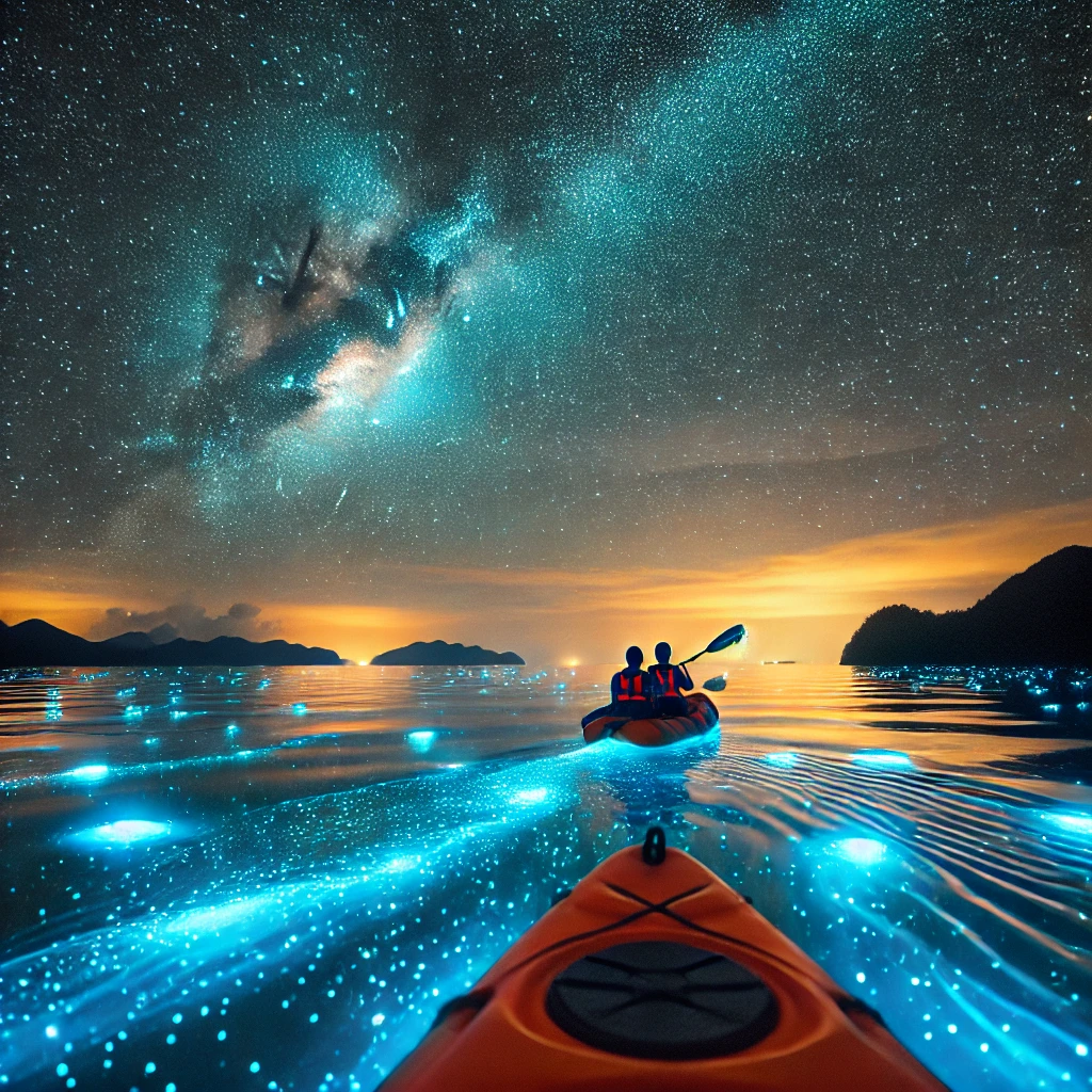 Kayaking through bioluminescent plankton at night in Koh Phangan