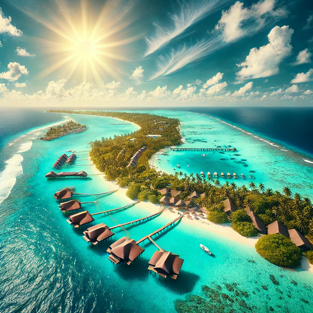 Aerial view of the Maldives islands with turquoise clear water, overwater bungalows, and white sandy beaches under a bright sun."