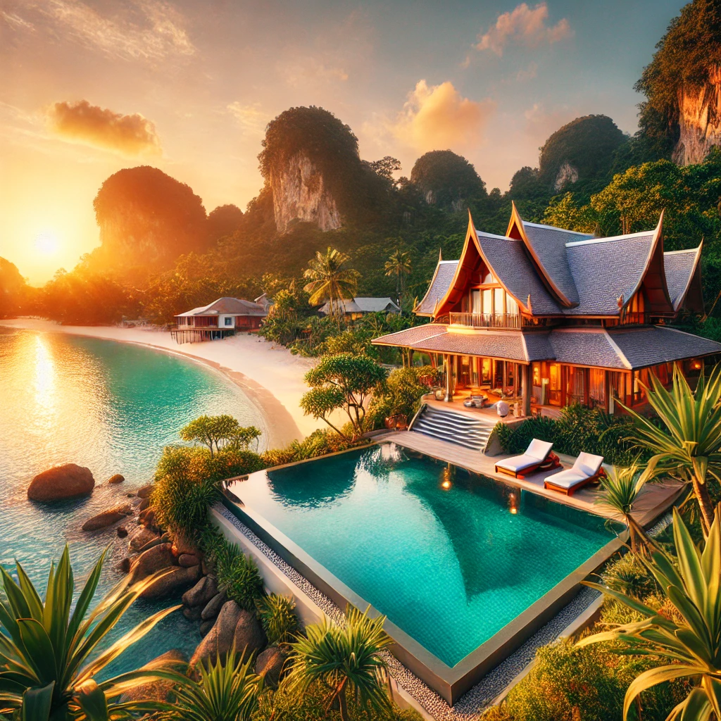 "Luxury beach resort in Thailand with private villa, infinity pool, and limestone cliffs."