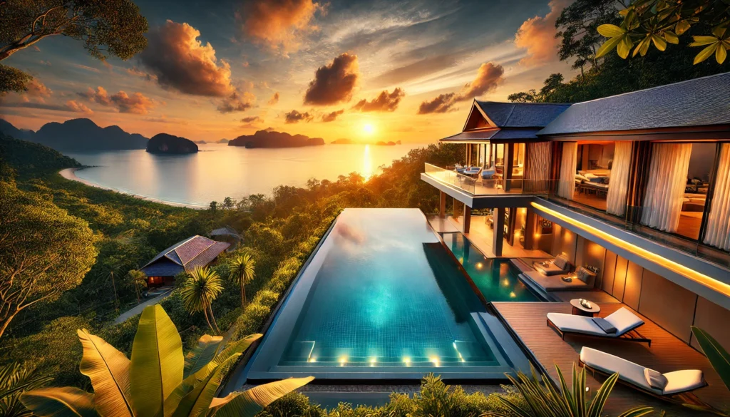 "Luxury villa with infinity pool overlooking the Andaman Sea at sunset"