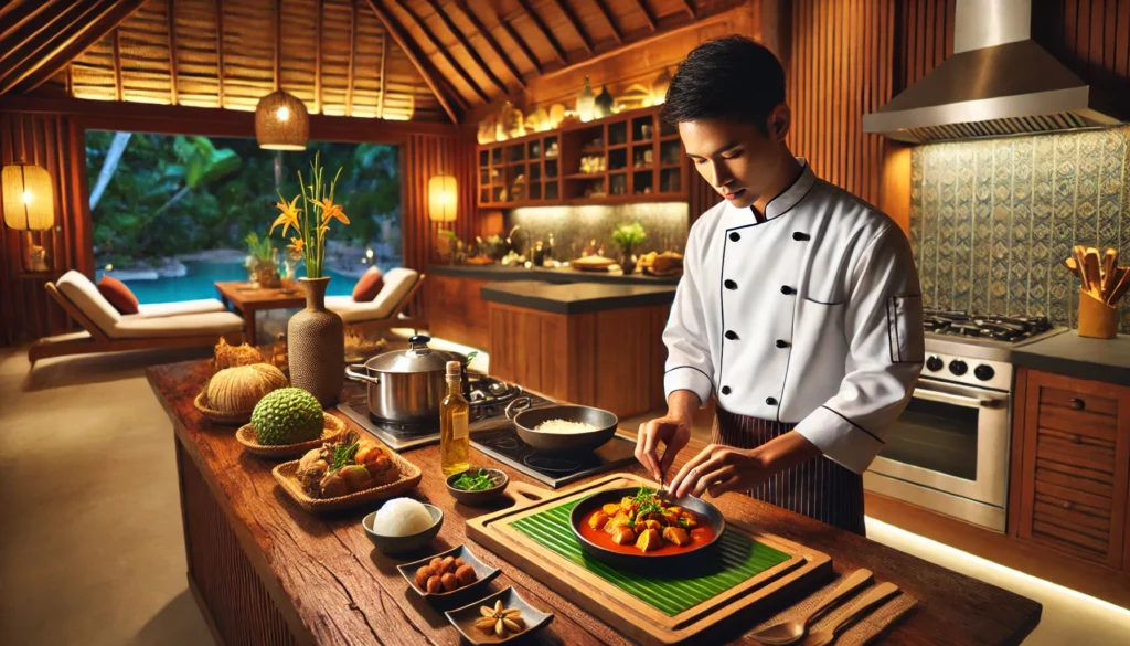 "Private chef preparing traditional Thai massaman curry in a luxury villa kitchen"