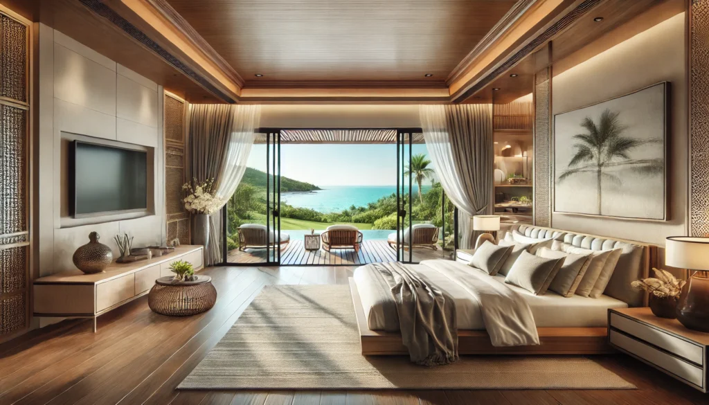 "Elegant bedroom in a luxury villa with a stunning ocean view in Thailand"