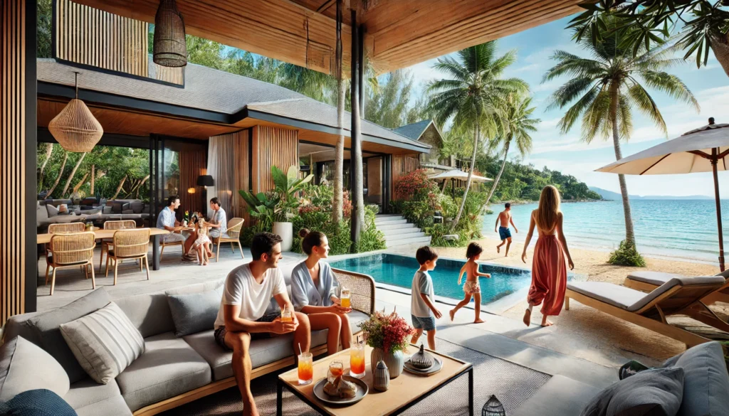 : "Family enjoying time together at a private beachfront villa in Thailand"