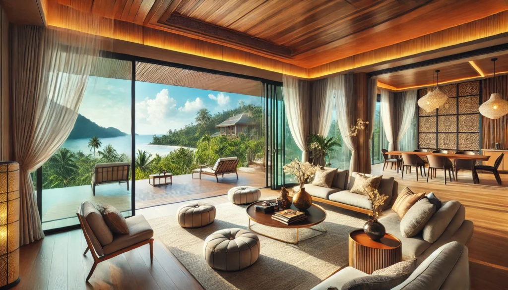 "Modern and luxurious living room in a Thai villa with panoramic views"