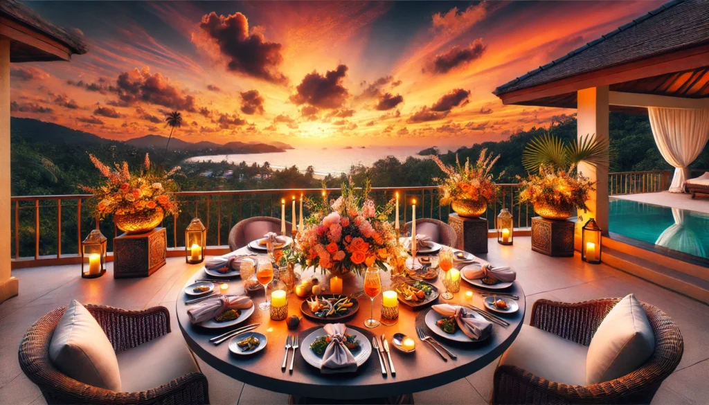 "Outdoor dining setup at sunset on the terrace of a luxury villa in Thailand"
