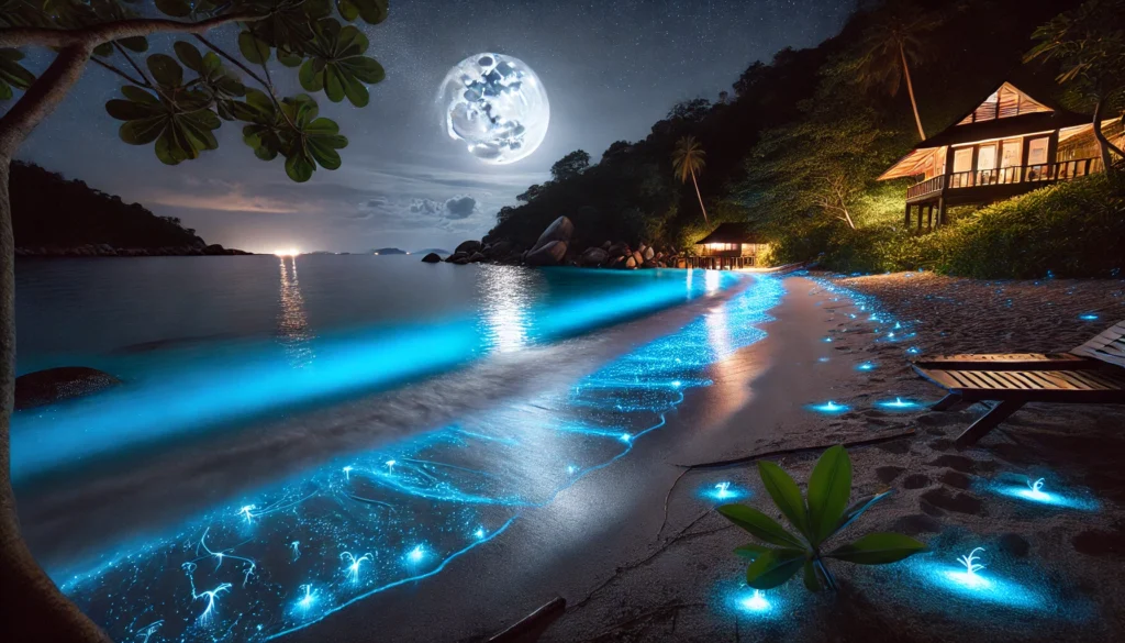 "Bioluminescent plankton glowing in the water at a private villa beach in Thailand"