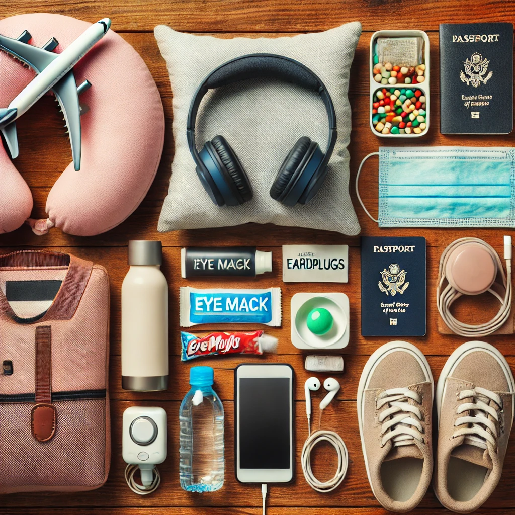 First-time flyer essentials laid out on a wooden table, including neck pillow, snacks, phone, and toiletries.
