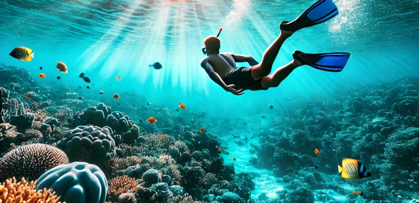 A person snorkeling in the Maldives surrounded by colorful coral reefs and tropical fish in clear blue water.