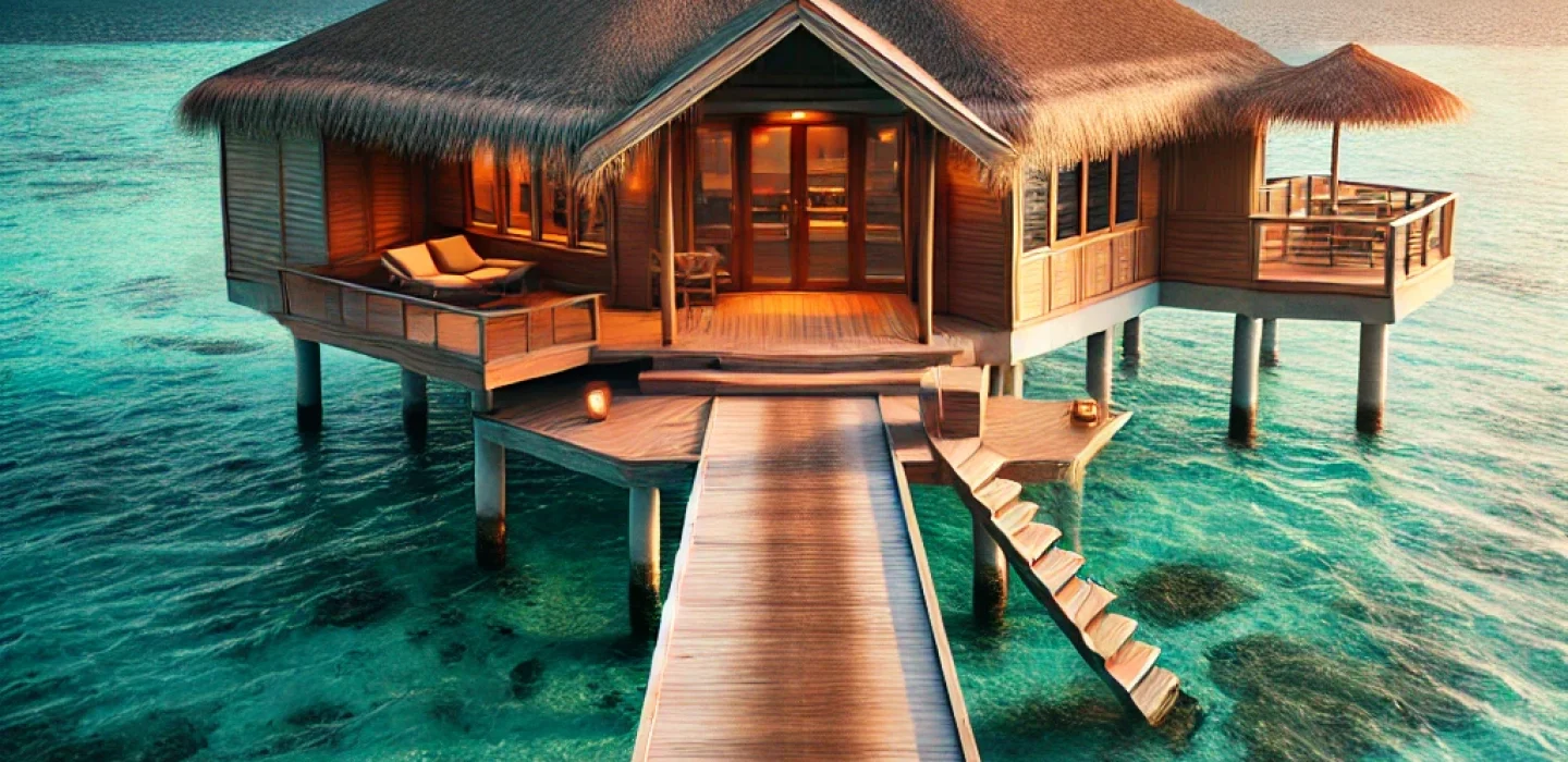 "An overwater villa in the Maldives with a wooden deck extending over clear turquoise water, under a soft pastel sky during sunset."
