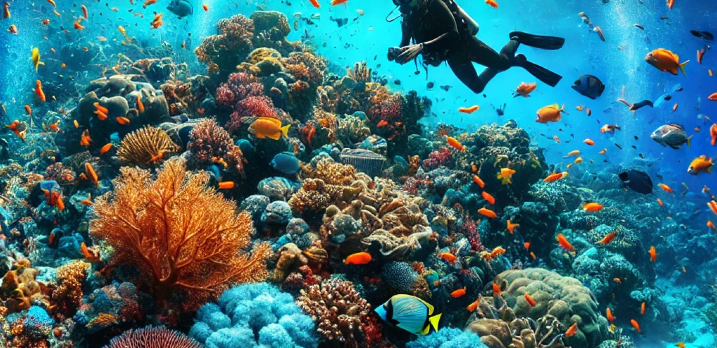 A diver swimming over a vibrant coral reef in the Maldives, surrounded by tropical fish and marine life."