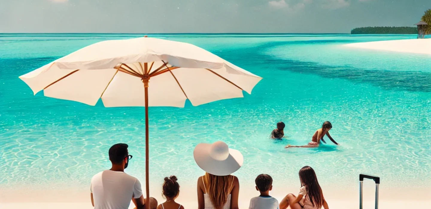 A family enjoying a tropical beach in the Maldives, sitting under an umbrella with turquoise water and soft white sand."