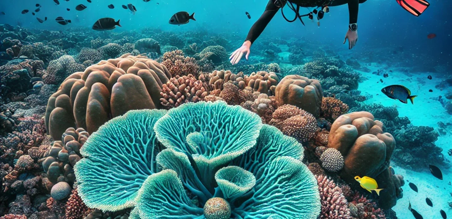 A diver swimming over a healthy coral reef in the Maldives, highlighting marine conservation efforts with vibrant coral and marine life."