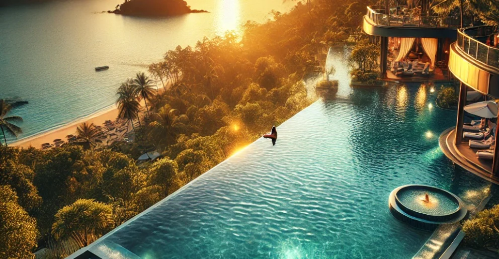 "Relax in style at a Phuket luxury resort, where the infinity pool meets the horizon and the Andaman Sea stretches endlessly before you