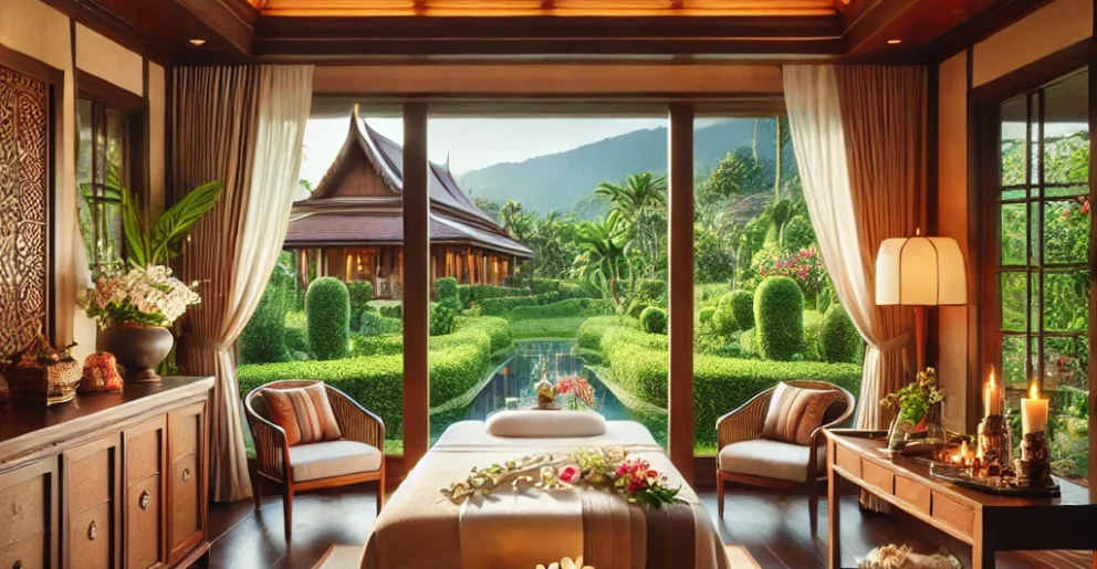 "Luxury Thai spa treatment room with traditional decor and serene garden views."