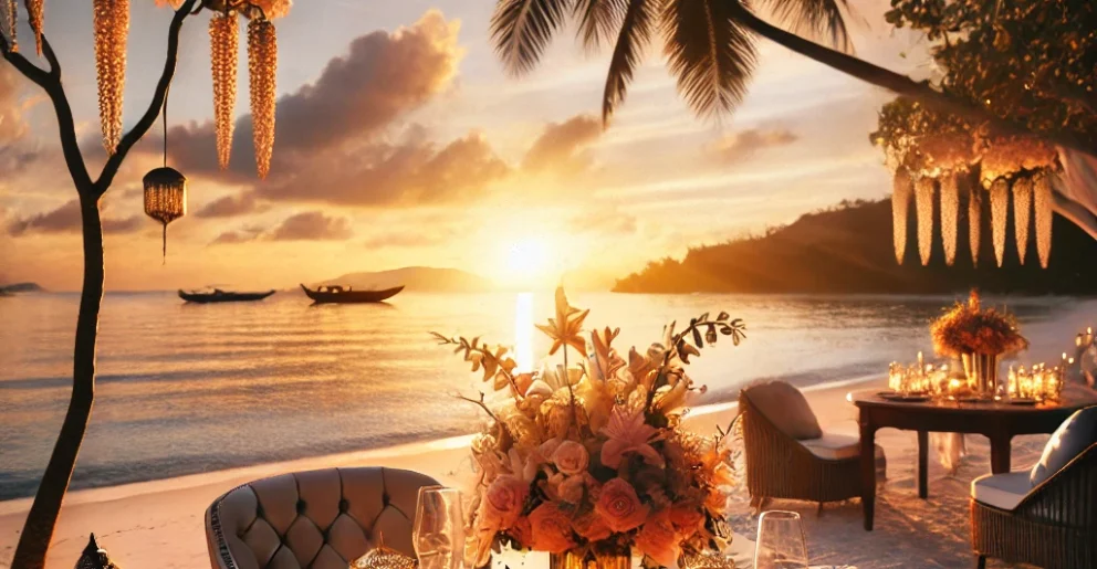 "Luxury candlelit dining setup on a private beach in Thailand with a sunset backdrop."