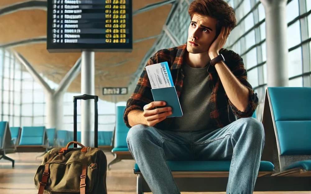 A first-time flyer anxiously sitting in an airport terminal, holding a boarding pass and looking at the departure board.