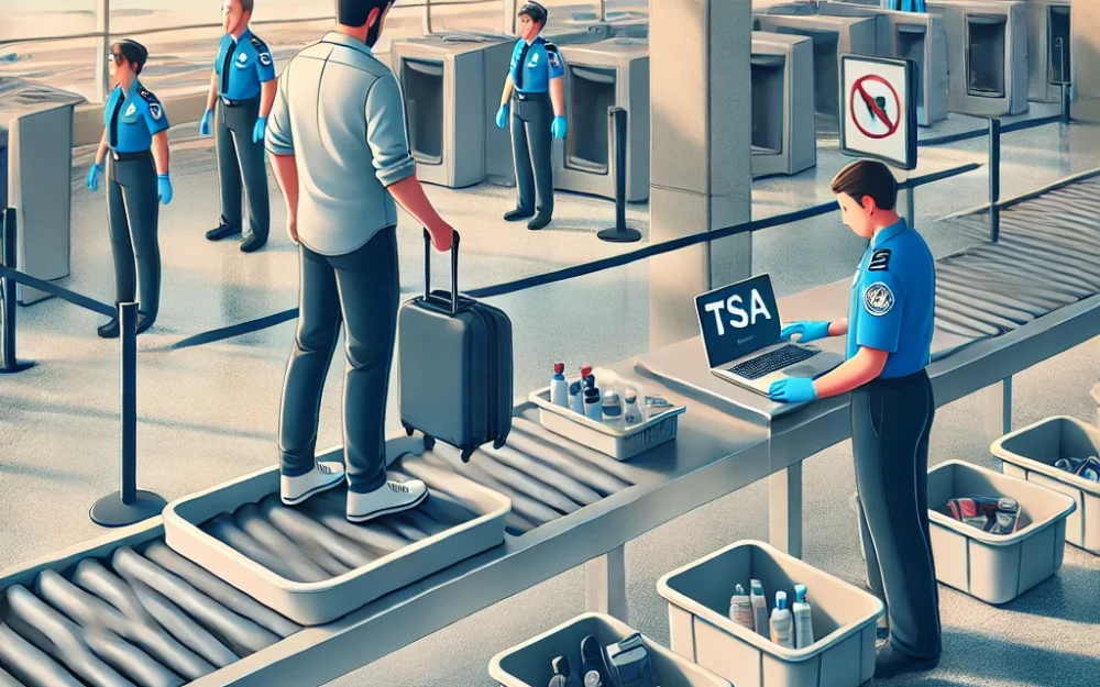 A first-time flyer removing shoes and placing a laptop and liquids in bins at airport security.