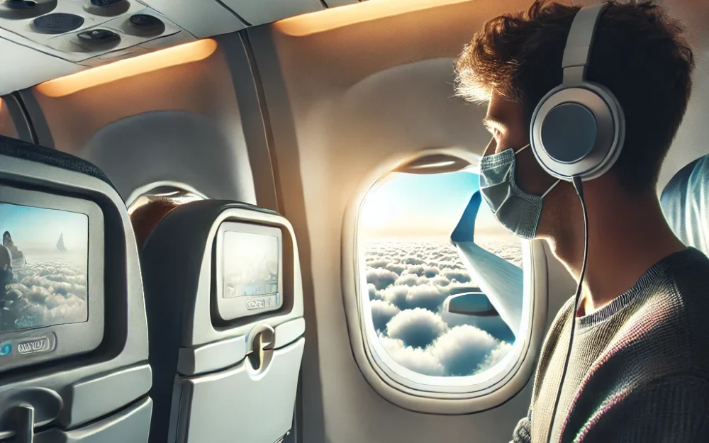 A first-time flyer wearing headphones, chewing gum, and looking out the airplane window during flight.