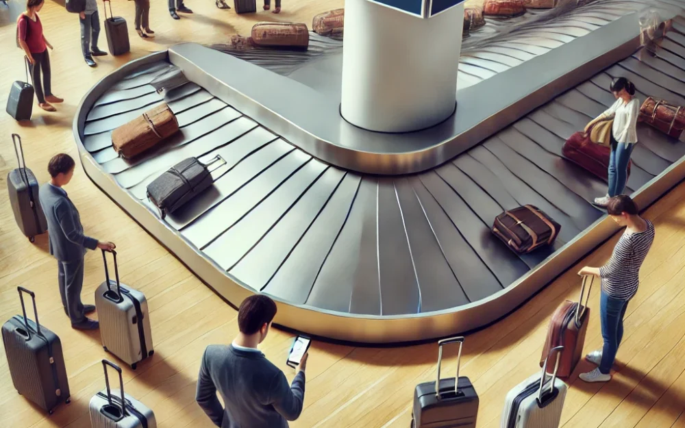 Travelers at an airport baggage claim carousel looking for their luggage, with one checking their phone for a bag photo.