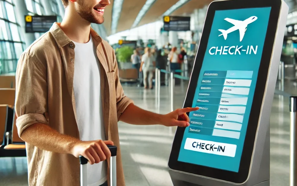 : A smiling traveler checking into a flight at an airport kiosk with a small suitcase.