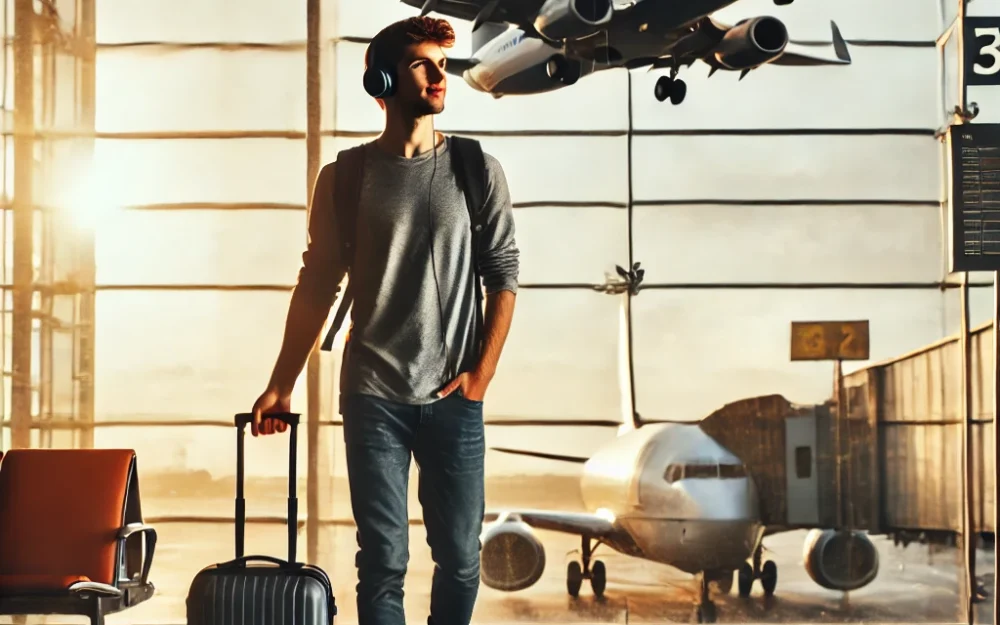 A young traveler walking confidently through the airport terminal with a carry-on and headphones.