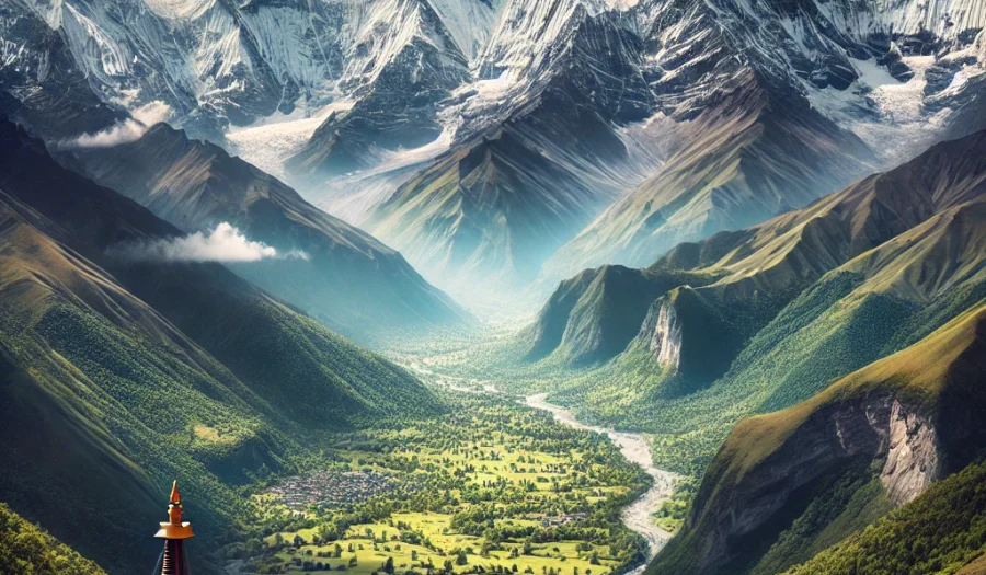 Annapurna range in Nepal with prayer flags and snow-capped peaks.
