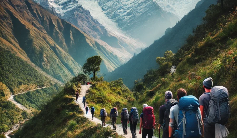 : Group of trekkers walking along a narrow trail in the Himalayas.