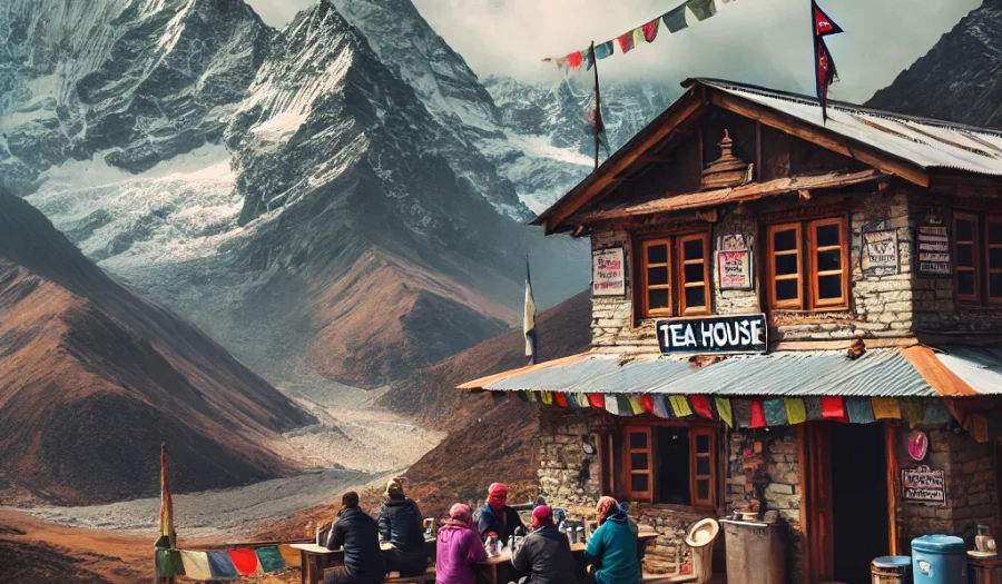 : A tea house in the Nepalese Himalayas with trekkers sipping tea.