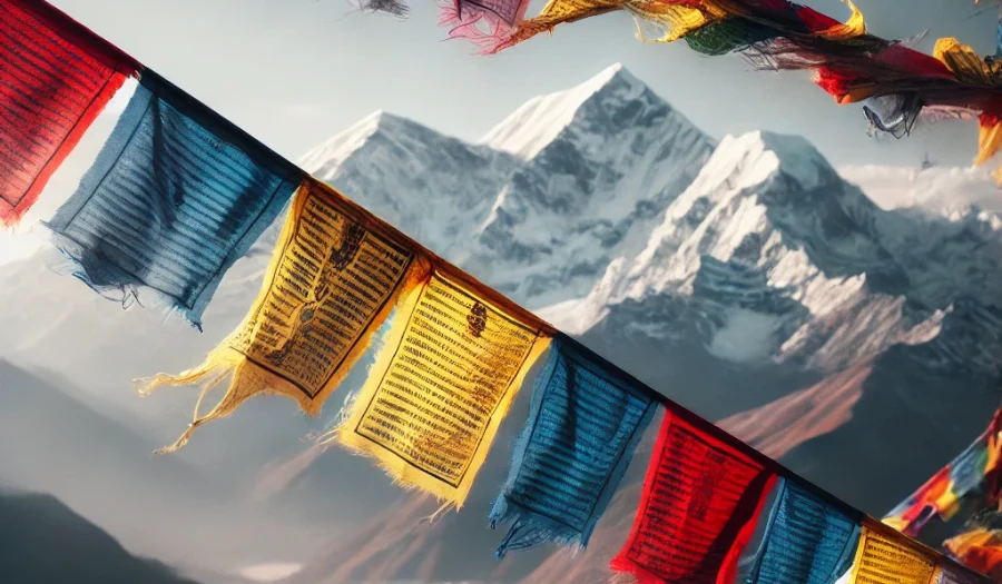 Colorful prayer flags fluttering against the backdrop of the Himalayas.