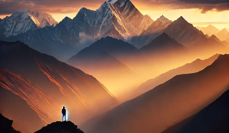 A lone hiker standing on a ridge during a Himalayan sunrise.